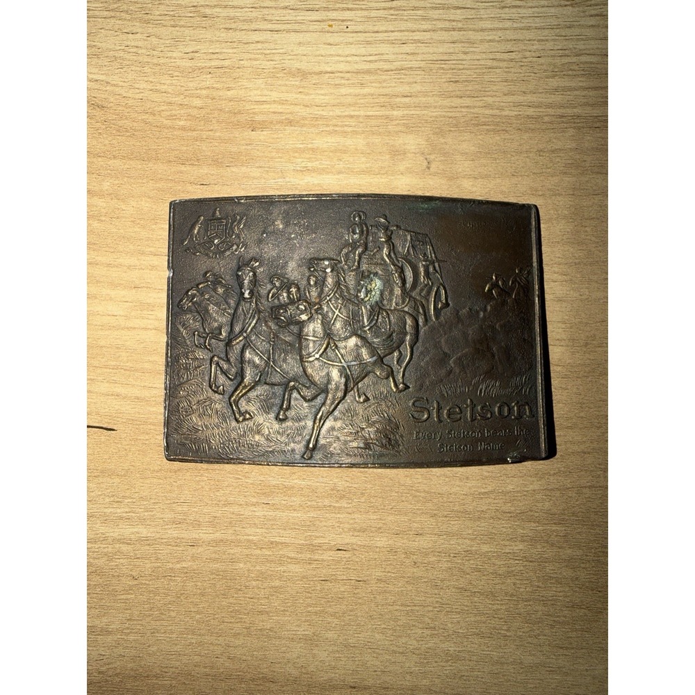 Antique Cast Brass metal STETSON BELT BUCKLE Wagons Horses Men with Guns